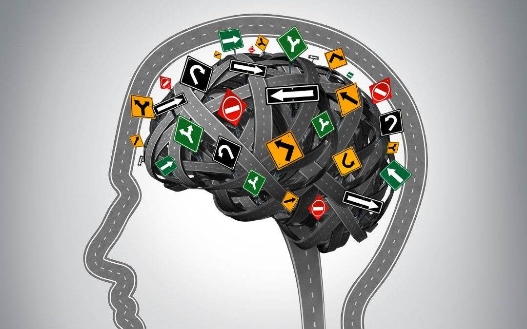 Graphic of a head with road sign images